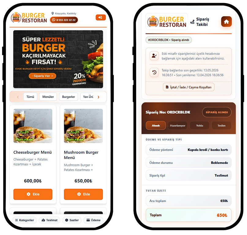Burger restoran menü ve sipariş ekranı