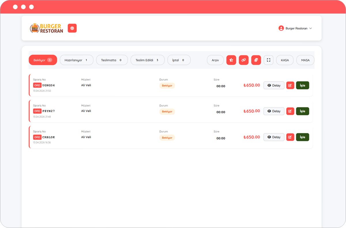 Dijifis sipariş sistemi sipariş listesi